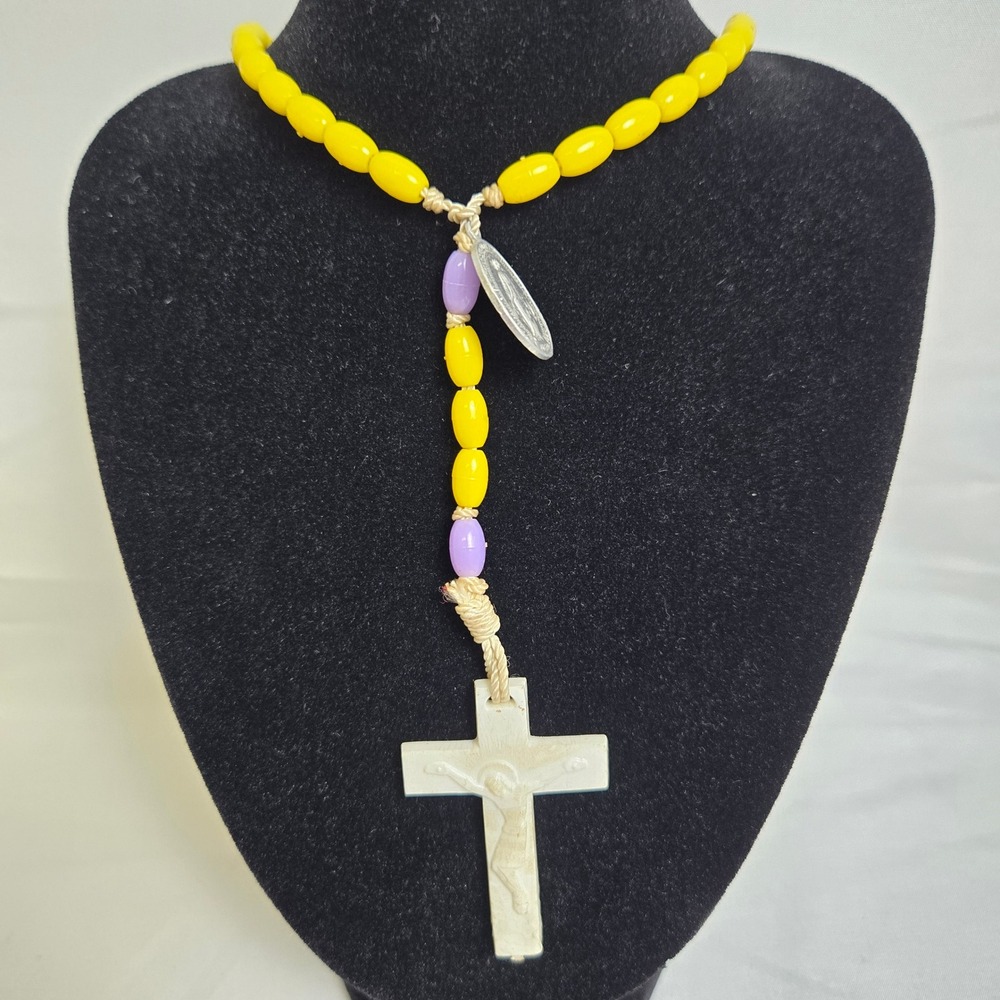 Rosary, Yellow/Pink,‎ White Crucifix, Tan Thread